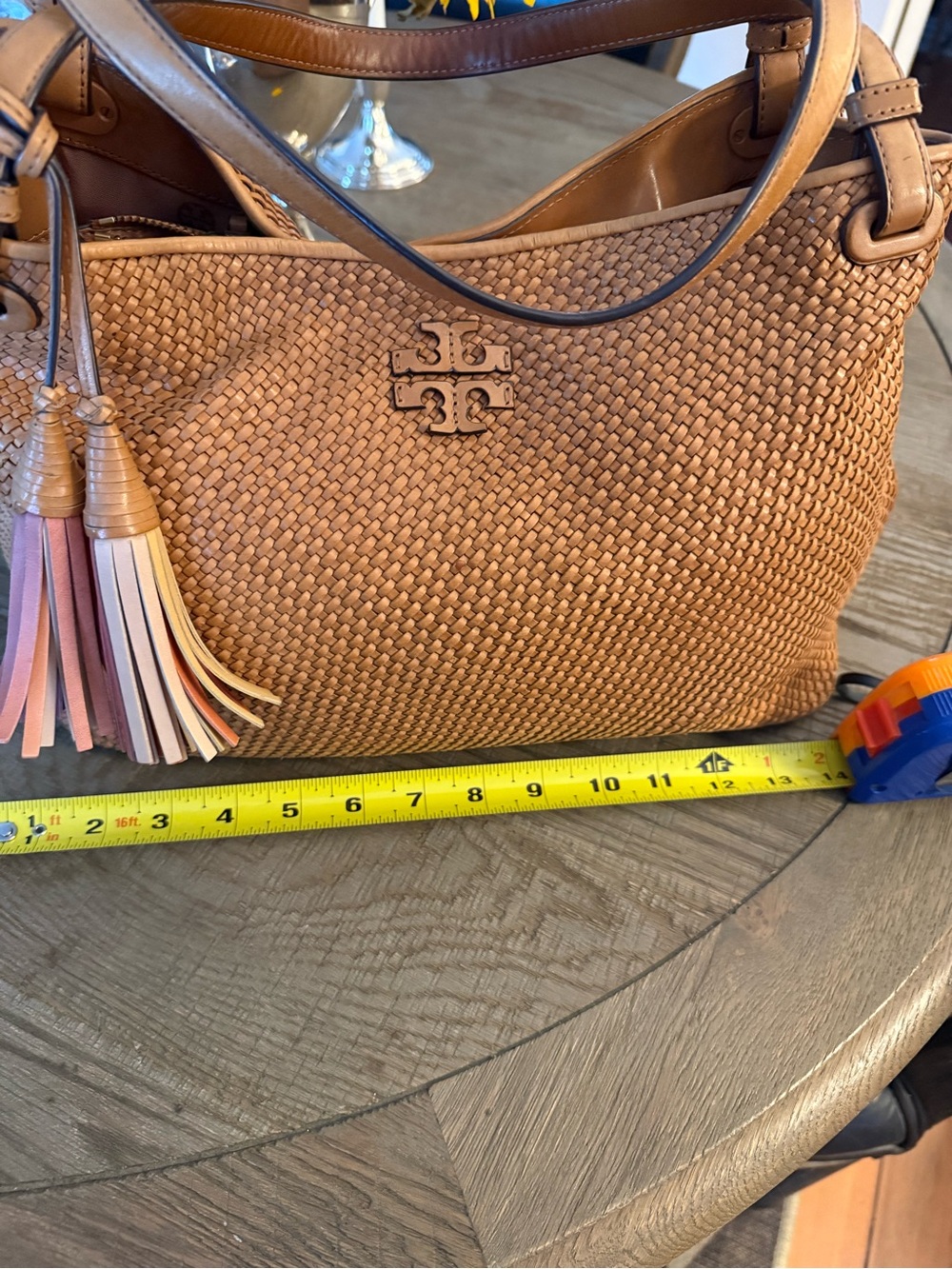 Tory Burch Tan Woven Leather Satchel with Pink & Cream Tassels - Picture 11 of 14